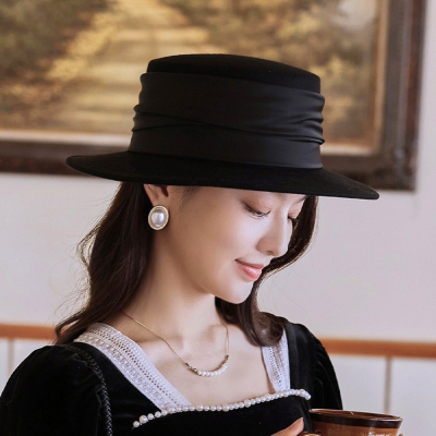   French Vintage Wide Brim Fedora Hats for Women 100% Wool Hat with Chiffon Wide Band