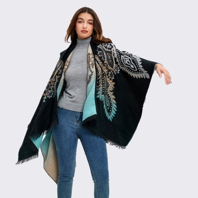   Imitation Cashmere Shawl Poncho Peacock Jacquard Black And Blue Hooded Shawl Cloak