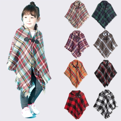 Children's Multifunctional Fashionable Warm Cloak Shawl With Horn Buckle Tartan Scarf