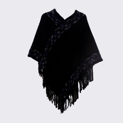 Pullover Shawl Striped Solid Color Poncho Tassel Knitted Sweater Coat