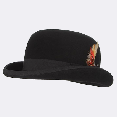 Men's Bowler Derby Hat 100% Wool with Feather Black Derby Hat Satin Lined