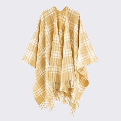 Houndstooth Check Cape Double-Sided Tassel Poncho Ruana Fashionable Elegant Warm Shawl Cape