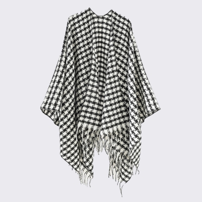 Houndstooth Check Cape Double-Sided Tassel Poncho Ruana Fashionable Elegant Warm Shawl Cape