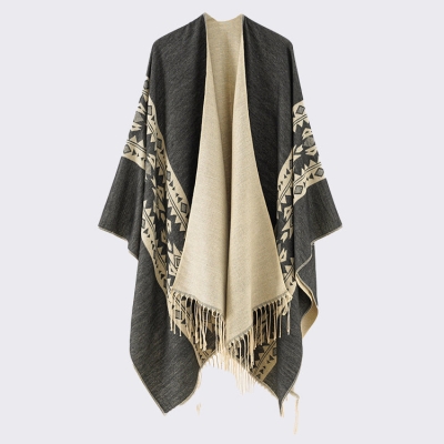 Classic Travel Shawl Wrap Reversible Cape Fringe Poncho Sweater Ruana