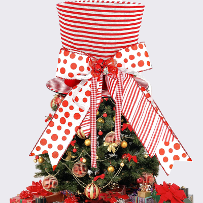 Christmas Tree Topper Hat with Bow Ribbon, Red and White Stripes Xmas Toppers Hats for Home Decor