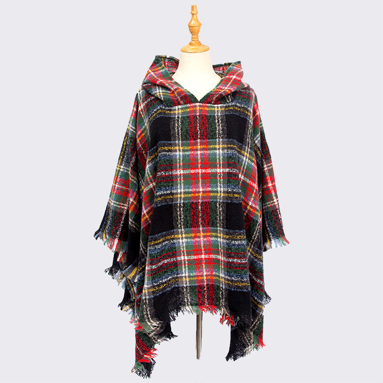   Check Cape Winter Hooded Shawl Sweater Christmas Ladies Plaid Oversize Poncho