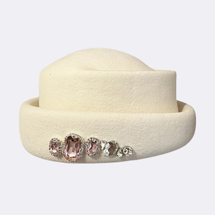   100% Wool Felt Rhinestones Top Hat for Women Soft Dome Hat Sweet Painter Hat
